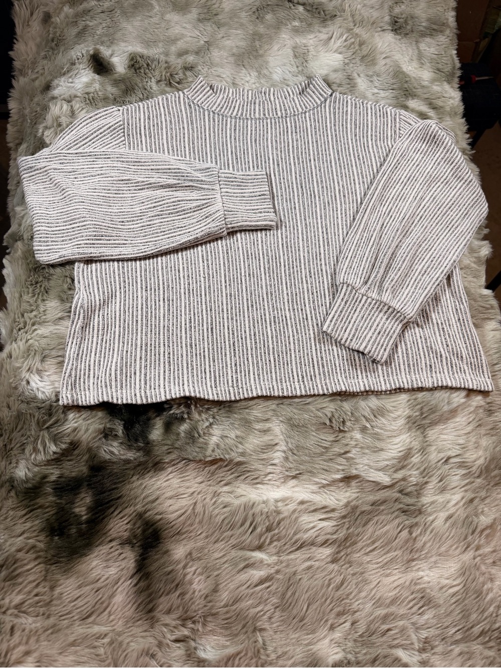 Lush Ribbed Mock Neck Sweater - White & Light Gray Stripes. Balloon Sleeves